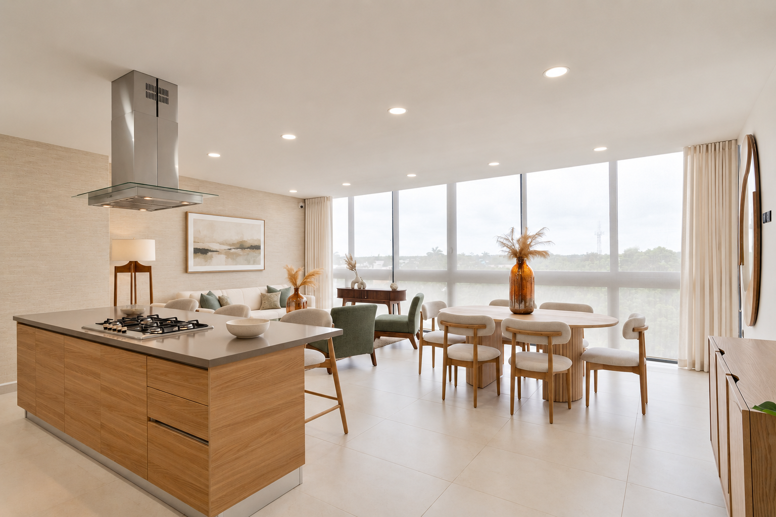 Estancia con cocina, comedor y grandes ventanales